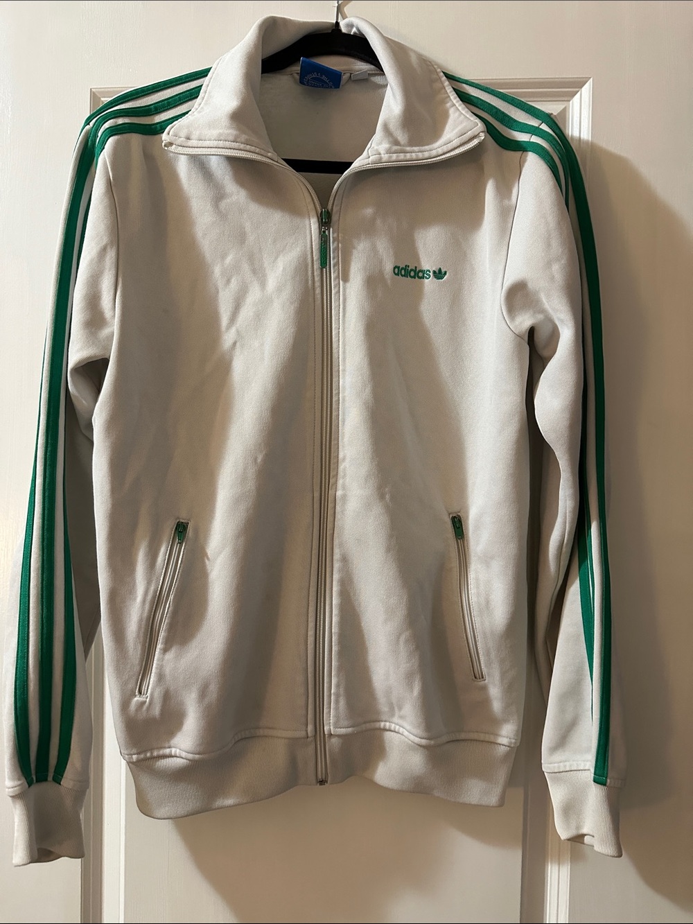 adidas Cream Track Jacket with Green Stripe Accents